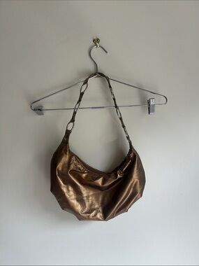 Metallic Bronze Shoulder Bag with Chain-Link Strap